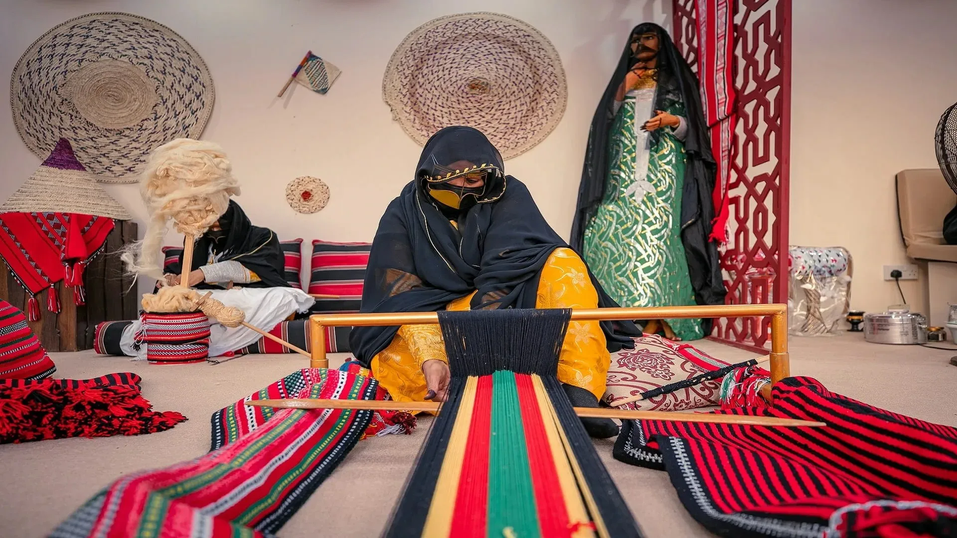 Traditional market scene with Emirati artisans demonstrating crafts